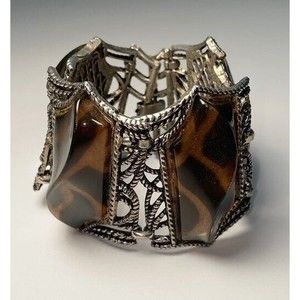 Chunky Vintage Silver Tone Amber & Brown Animal Print Wavy Panel Lucite Bracelet